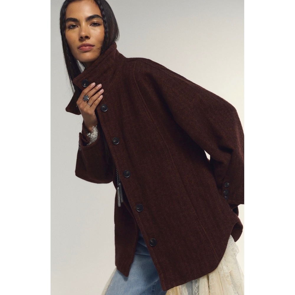 Free People Beau Cocoon Jacket Herringbone Oversized Shacket  Coat NWOT